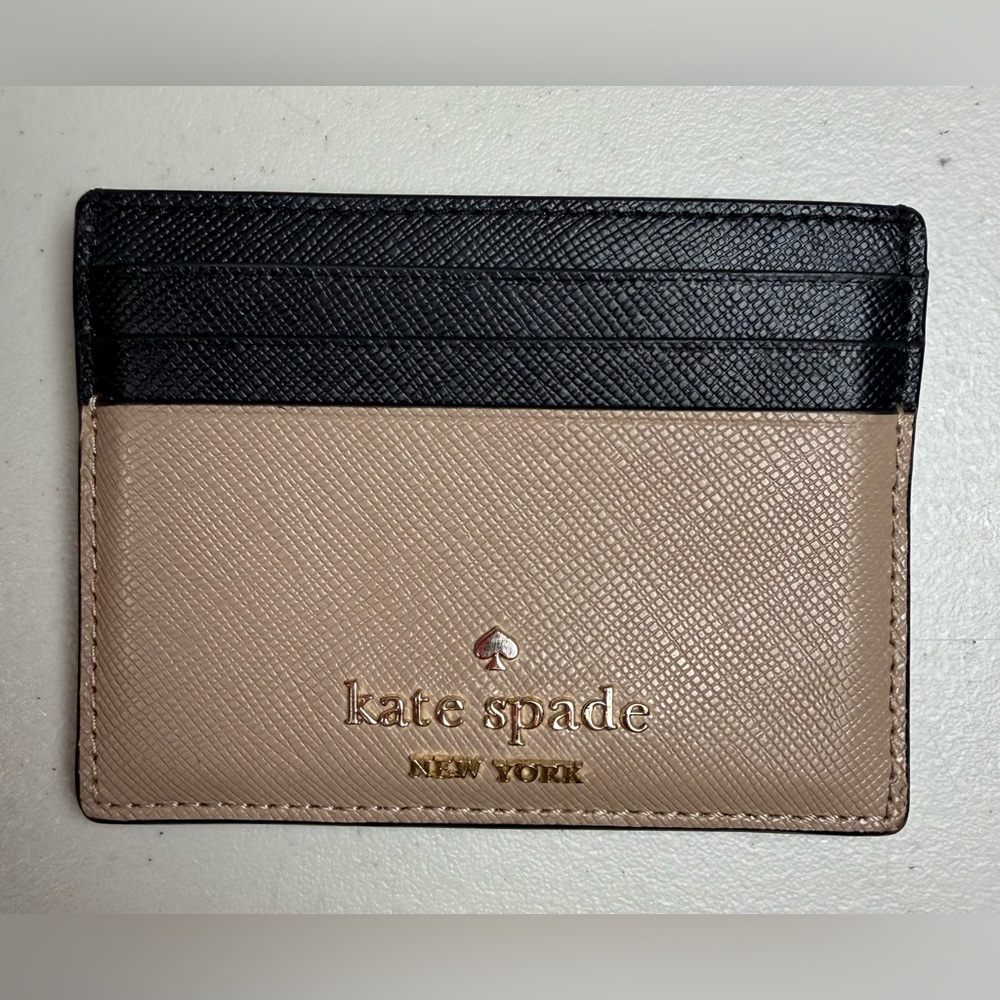 KATE SPADE Madison ColorBlock Card Holder In  & tan with gold hardware